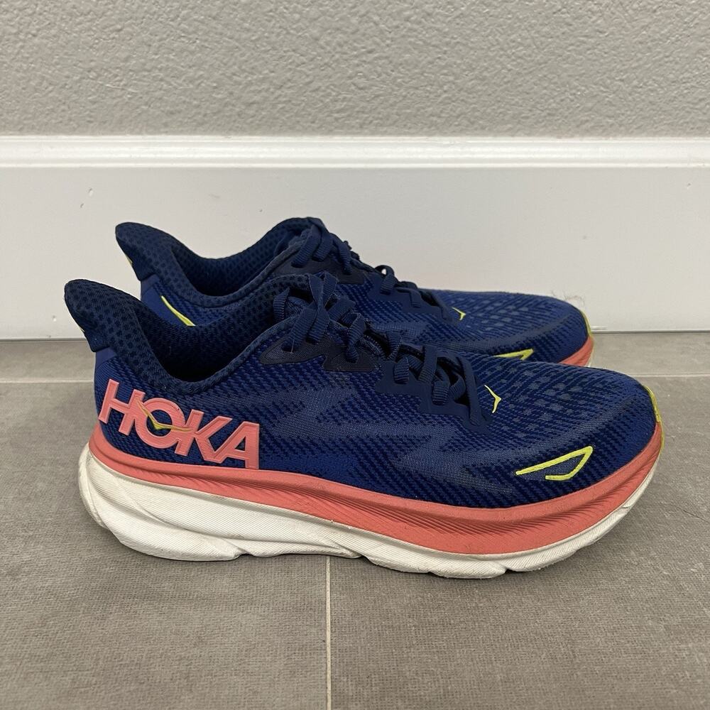 Hoka One One Navy Blue Coral Athletic Running Shoes with Yellow Accents